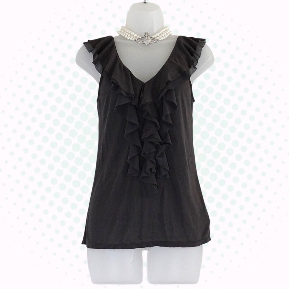 Vintage Y2K Express Charcoal Gray Ruffle Front V-Neck Tank Top Blouse Size XS